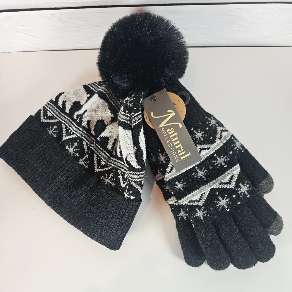 BEANIE HAT WOMENS Plush Lining Black White Gloves Bear pompom